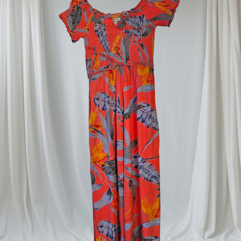 Patrons of Peace Vibrant Coral Tropical Print Smocked Jumpsuit Sz XS